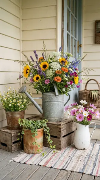18 Spring Front Porch Ideas - Wildflower Cottage Style 3 3. Vintage Watering Can Wildflower Planter Display