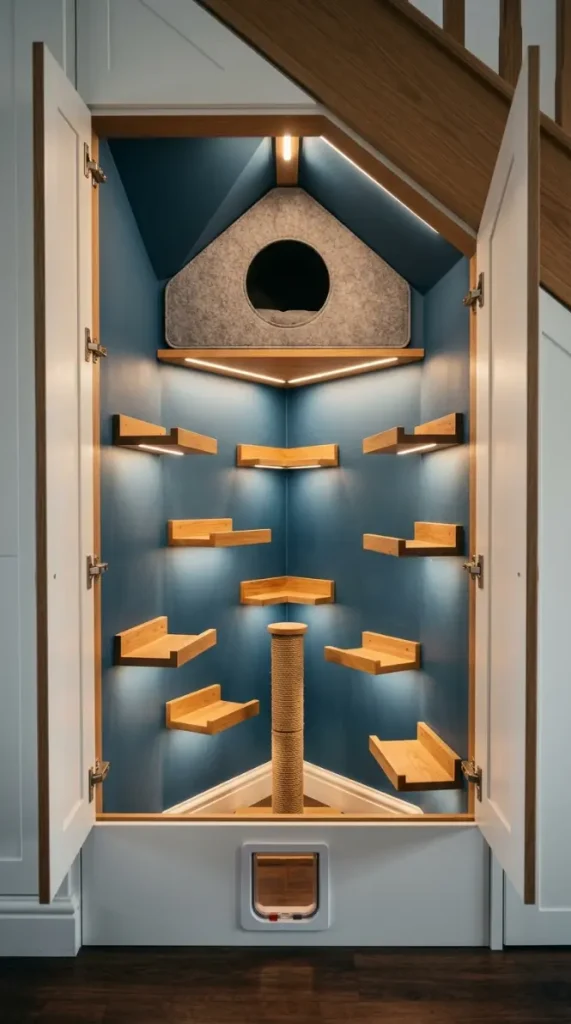 20 Staircase Storage Ideas With a Luxury Pet Nook Build 4 4. Cat Nook Under the Stairs With Internal Climbing Shelves