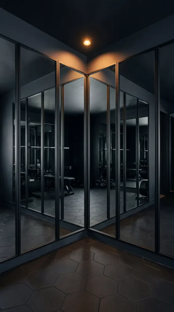 18 Home Gym Mirror Ideas With Black Frame Wall That Creates Infinite Space Illusion 4 4. Corner Black Frame Mirror Installation for Wraparound Reflection