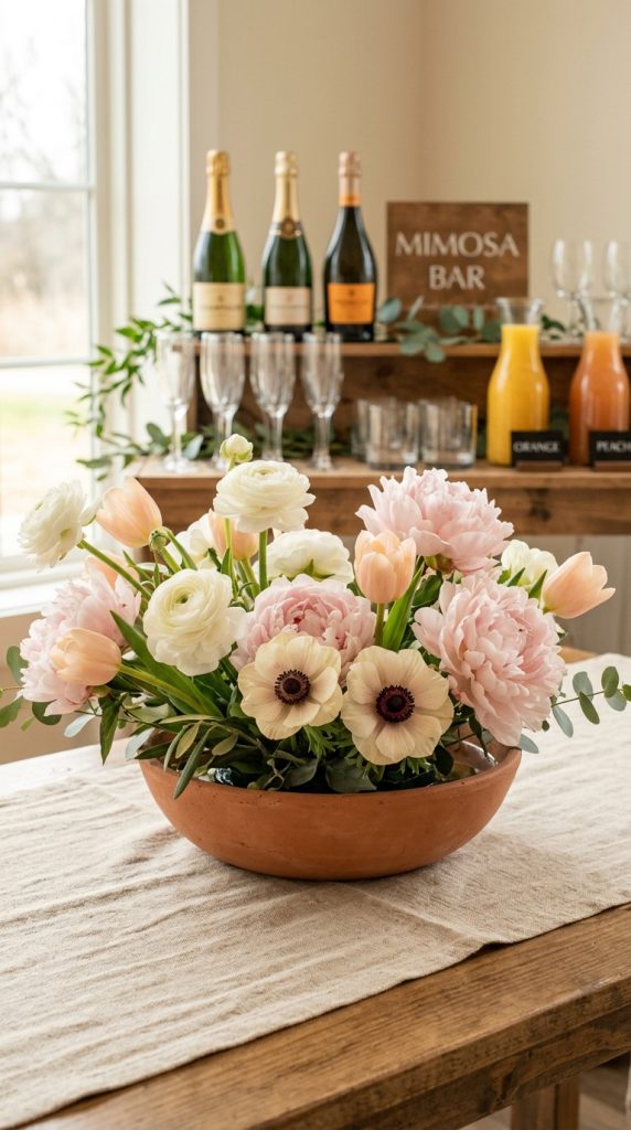 18 DIY Spring Party Decor Ideas - Elevated Mimosa Bar Setup 4 Style a Fresh Floral Arrangement as the Bar's Hero Piece