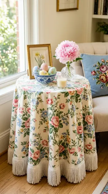 22 Cutest Easter Home Decor - Grandmillennial Chintz Style 4 4. Style a Skirted Side Table With Easter Seasonal Vignette