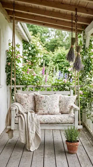18 Spring Front Porch Ideas - Wildflower Cottage Style 4 4. Wooden Porch Swing Styled with Wildflower Cushions