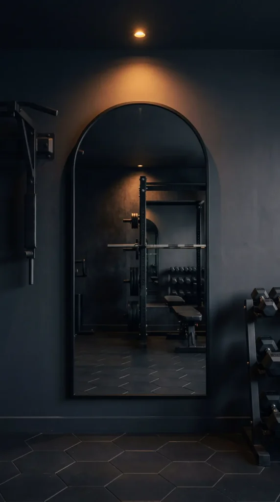 18 Home Gym Mirror Ideas With Black Frame Wall That Creates Infinite Space Illusion 5 5. Black Frame Arch Mirror as a Boutique Studio Focal Point