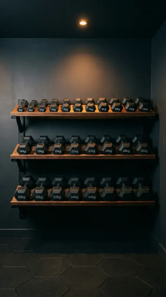 20 Luxury Home Gym Ideas - Dark Boutique Fitness Studio 5 Mount a Custom Timber and Matte Black Dumbbell Wall Rack