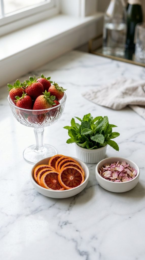 18 DIY Spring Party Decor Ideas - Elevated Mimosa Bar Setup 5 Serve Garnishes in Mismatched Vintage Compote Bowls