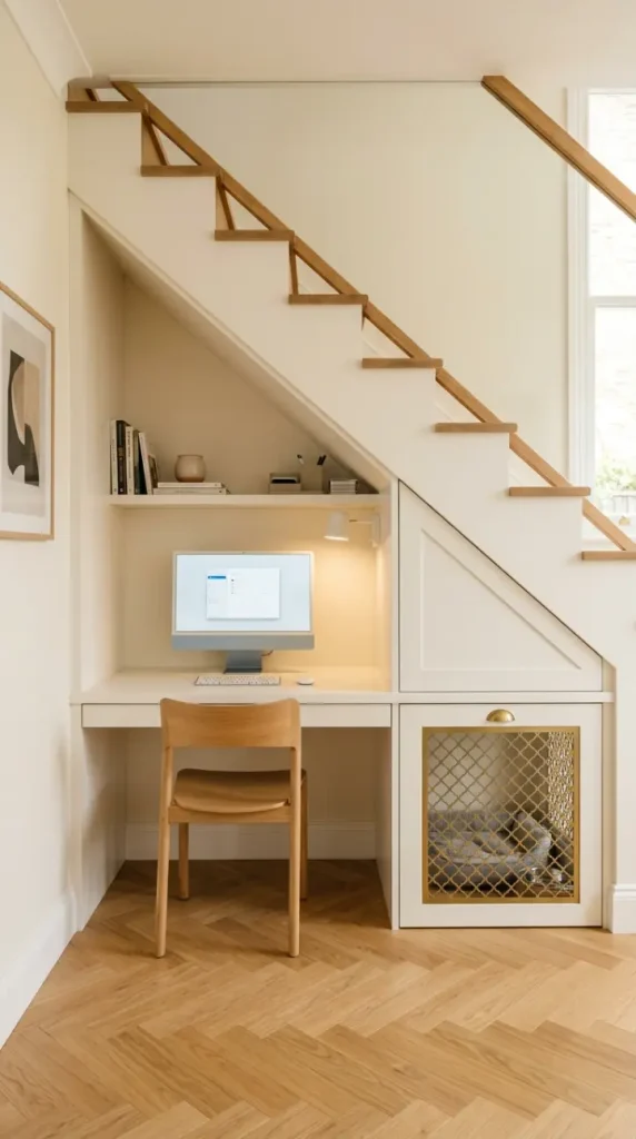 20 Staircase Storage Ideas With a Luxury Pet Nook Build 5 5. Under-Stair Home Office With Hidden Pet Crate Integration