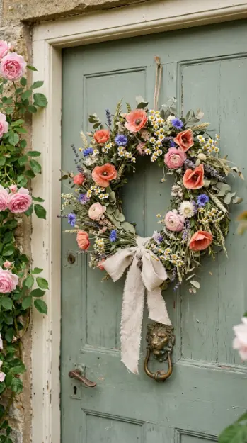 18 Spring Front Porch Ideas - Wildflower Cottage Style 5 5. Wildflower Wreath on a Painted Cottage Door