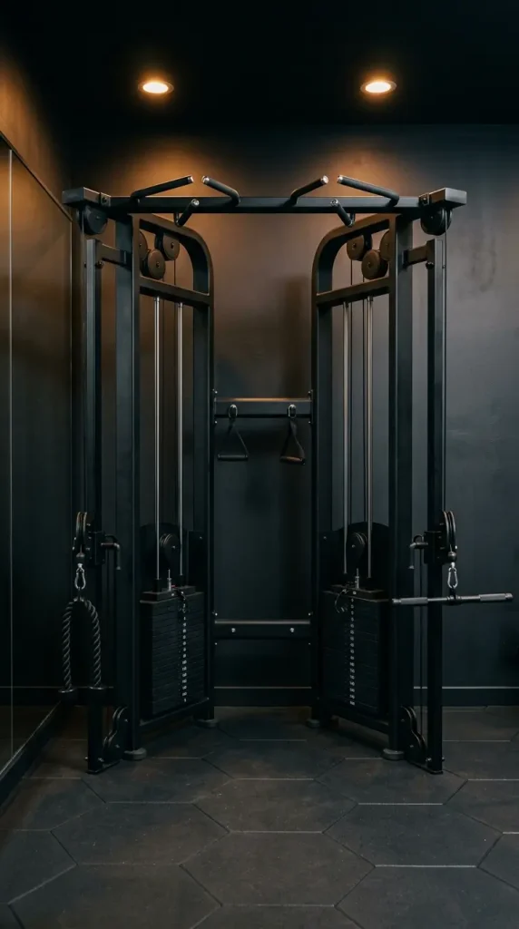 20 Luxury Home Gym Ideas - Dark Boutique Fitness Studio 6 Add a Matte Black Cable Machine as the Room's Statement Equipment Piece
