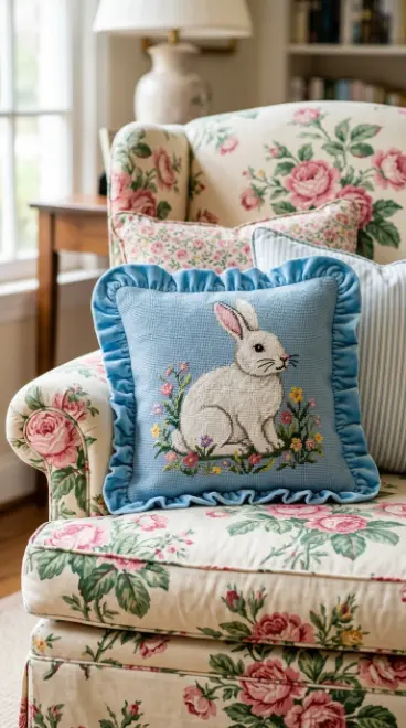 22 Cutest Easter Home Decor - Grandmillennial Chintz Style 6 6. Create a Needlepoint Easter Bunny Pillow Display
