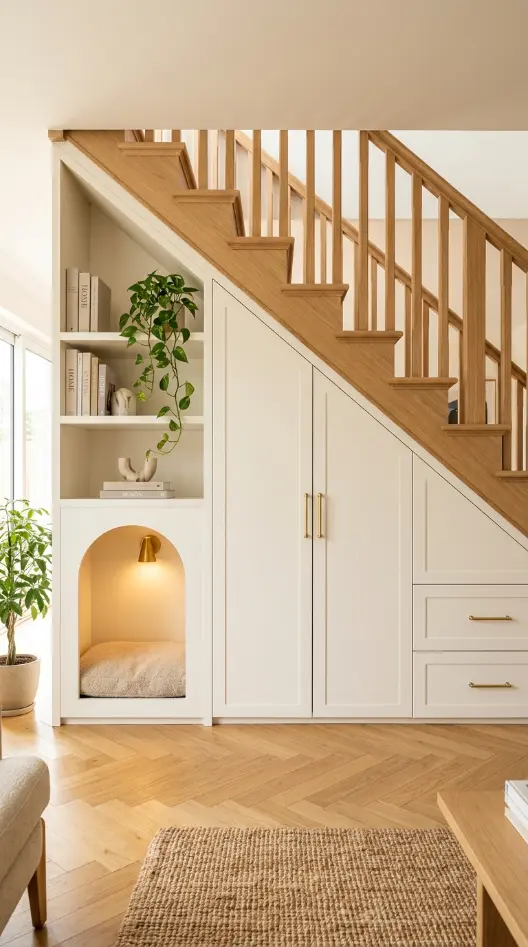 20 Staircase Storage Ideas With a Luxury Pet Nook Build 6 6. Full-Width Under-Stair Cabinetry With Display Shelves and Pet Nook Section