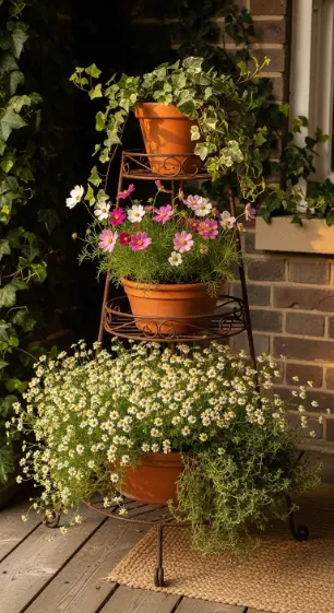 18 Spring Front Porch Ideas - Wildflower Cottage Style 6 6. Tiered Plant Stand with Cascading Wildflowers
