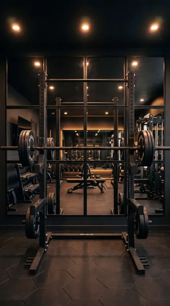 18 Home Gym Mirror Ideas With Black Frame Wall That Creates Infinite Space Illusion 7 7. Black Frame Mirror Wall Behind the Squat Rack