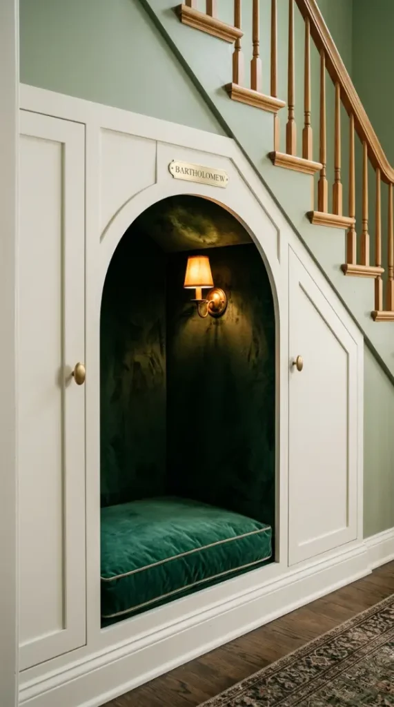 20 Staircase Storage Ideas With a Luxury Pet Nook Build 7 7. Dark Moody Under-Stair Pet Nook With Velvet Interior