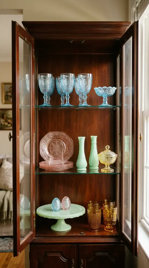 22 Cutest Easter Home Decor - Grandmillennial Chintz Style 7 7. Display Heirloom Colored Glassware in a Glass Cabinet for Easter