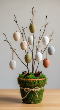 22 Cutest Easter Home Decor Easter Tree Statement Piece 7 Moss-Wrapped Pot Easter Tree With Speckled Eggs
