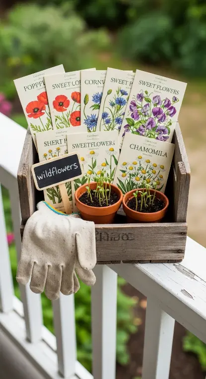 18 Spring Front Porch Ideas - Wildflower Cottage Style 7 7. Wildflower Seed Packet Display in a Wooden Crate