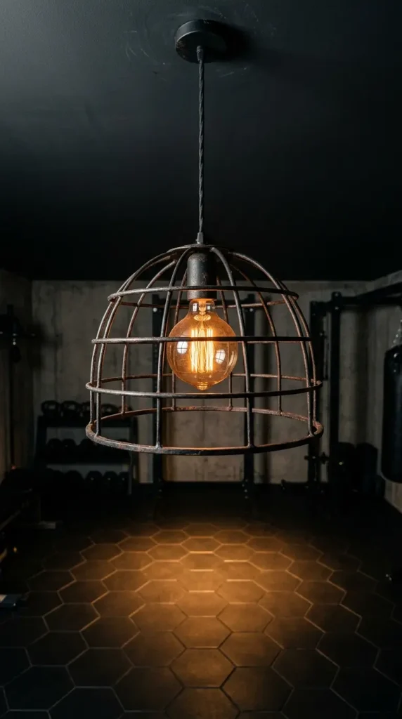 20 Luxury Home Gym Ideas - Dark Boutique Fitness Studio 8 Hang a Large Industrial Cage Pendant Light in Aged Black