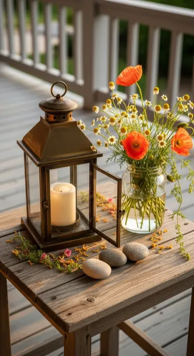 18 Spring Front Porch Ideas - Wildflower Cottage Style 8 8. Lantern and Wildflower Centerpiece on a Porch Table
