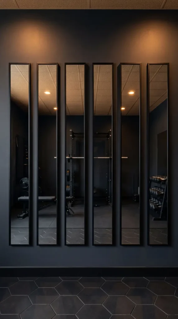 18 Home Gym Mirror Ideas With Black Frame Wall That Creates Infinite Space Illusion 8 8. Tall Narrow Black Frame Mirrors Repeated in a Row