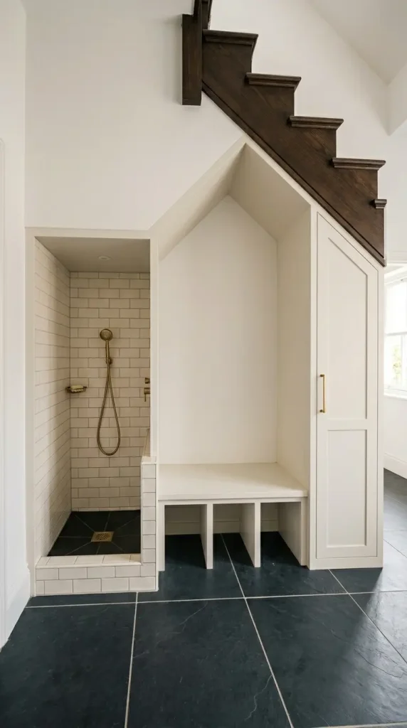 20 Staircase Storage Ideas With a Luxury Pet Nook Build 8 8. Under-Stair Mudroom Zone With Built-In Dog Wash Station