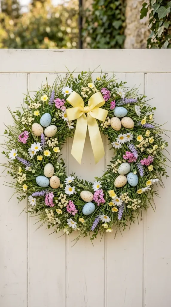 22 Cutest Easter Home Decor Speckled Egg Front Door Wreath 8 Wooden Hoop Speckled Egg and Greenery Wreath