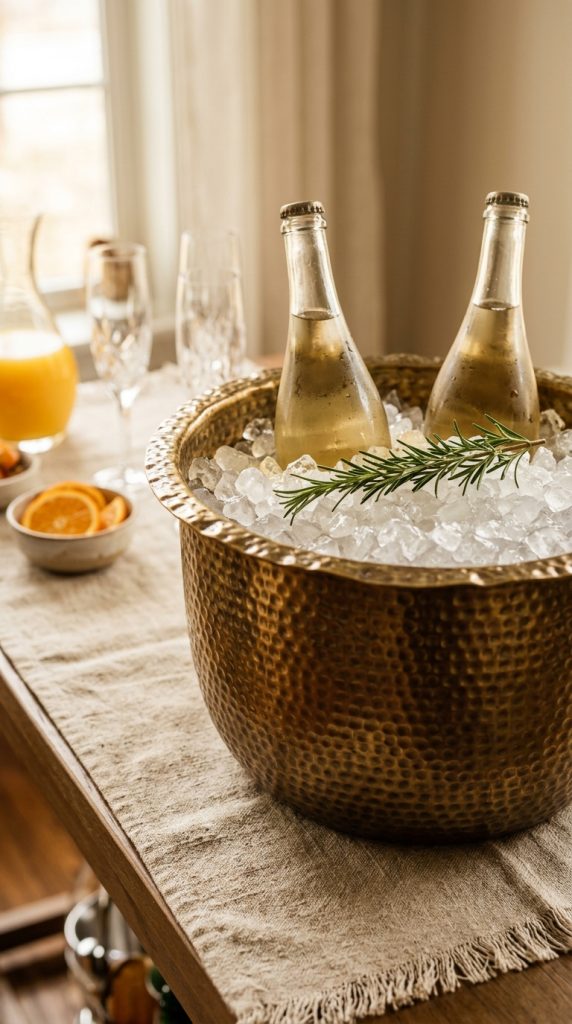 18 DIY Spring Party Decor Ideas - Elevated Mimosa Bar Setup 9 9. Add a Brass Ice Bucket as a Statement Styling Piece