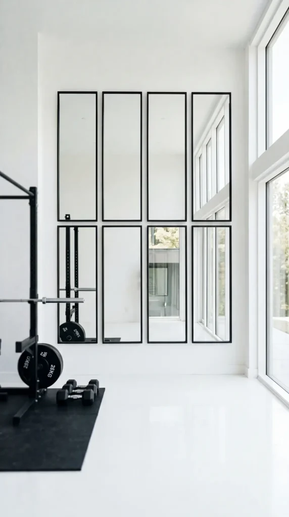 18 Home Gym Mirror Ideas With Black Frame Wall That Creates Infinite Space Illusion 9 9. Black Frame Mirror Wall in a Bright White Minimal Home Gym