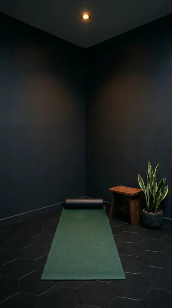20 Luxury Home Gym Ideas - Dark Boutique Fitness Studio 9 Create a Dedicated Stretching and Recovery Corner With Dark Yoga Mat