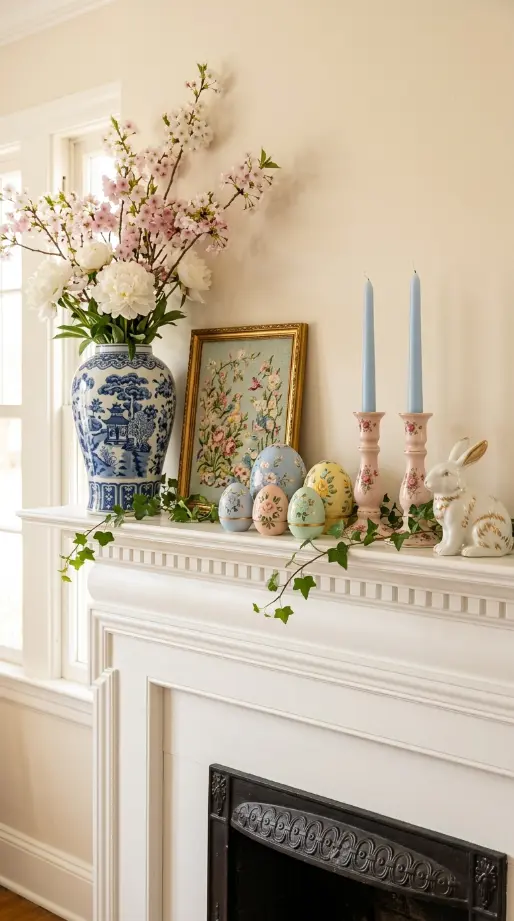 22 Cutest Easter Home Decor - Grandmillennial Chintz Style 9 9. Style a Grandmillennial Easter Mantel With Collected Pieces