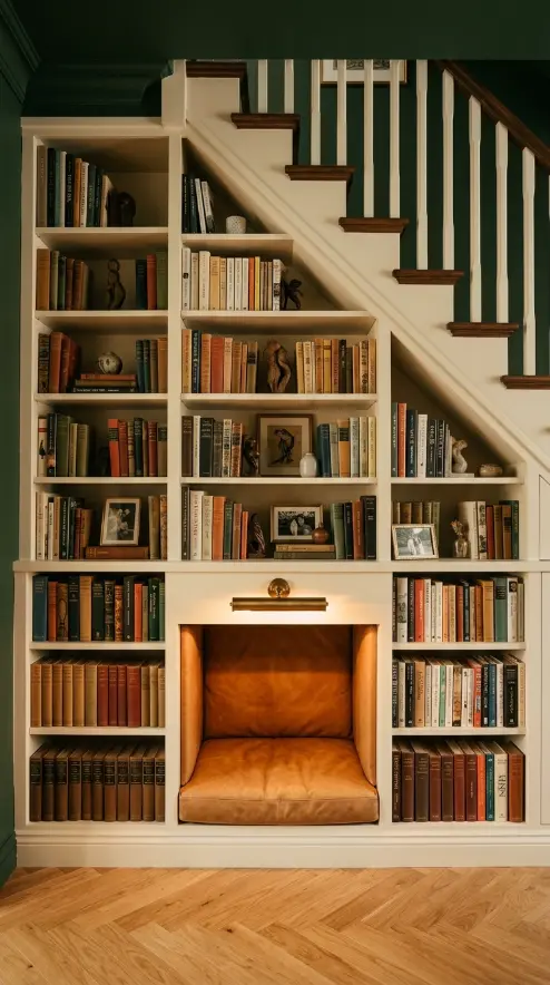 20 Staircase Storage Ideas With a Luxury Pet Nook Build 9 9. Under-Stair Library Wall With Pet Reading Nook at the Base