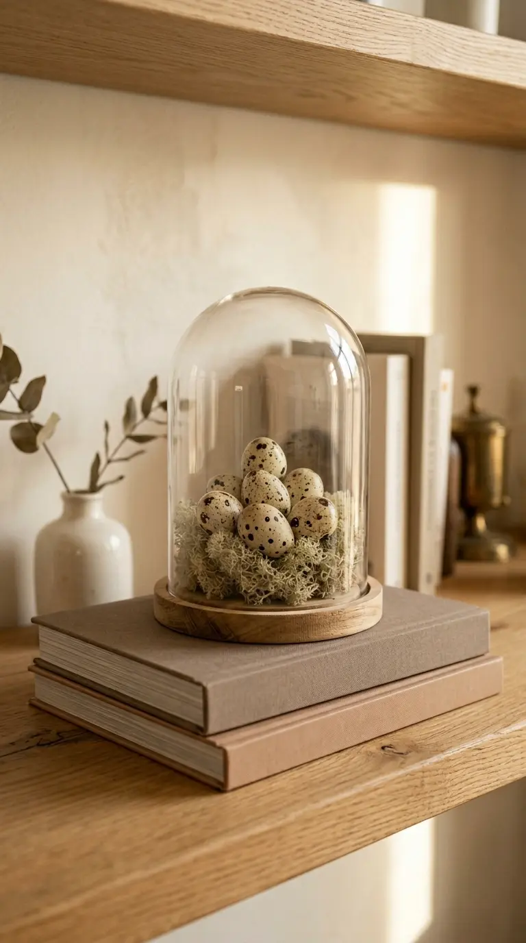 22 Classy Easter Decor Ideas That Feel Quietly Luxurious 3 Glass Cloche With Speckled Quail Eggs on Preserved Moss