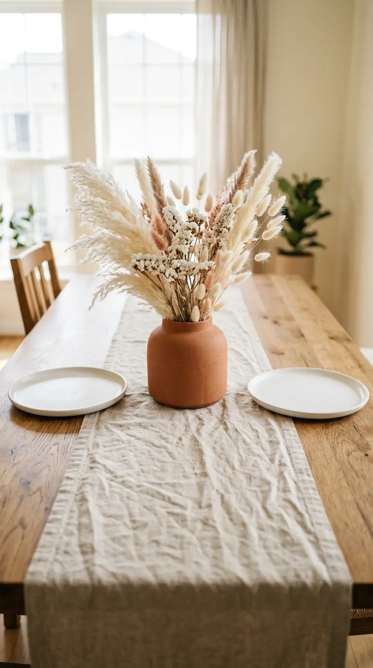 22 Classy Easter Decor Ideas That Feel Quietly Luxurious 2 Linen Table Runner With Dried Botanical Centerpiece