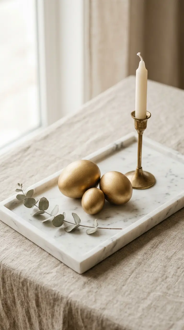 22 Classy Easter Decor Ideas That Feel Quietly Luxurious 1 Marble Tray Vignette With Gold-Dipped Eggs