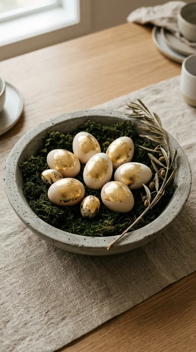 22 Classy Easter Decor Ideas That Feel Quietly Luxurious 6 Preserved Moss and Gold Leaf Egg Bowl