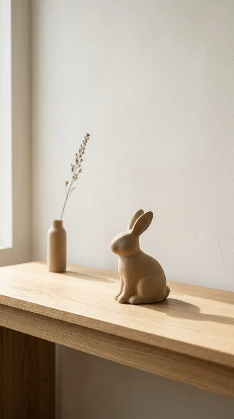 22 Classy Easter Decor Ideas That Feel Quietly Luxurious 5 Raw Clay Bunny as Sculptural Shelf Object