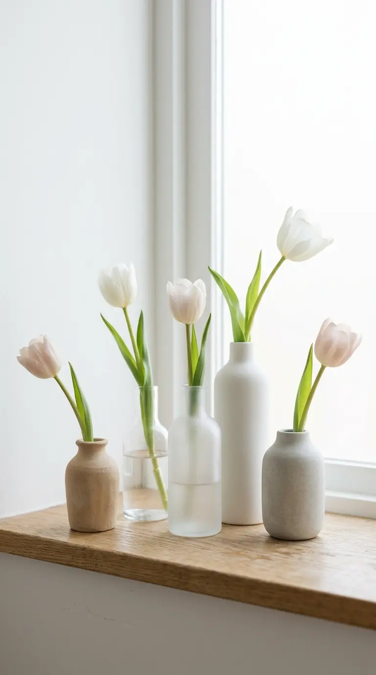 22 Classy Easter Decor Ideas That Feel Quietly Luxurious 4 Single Stem Tulips Grouped in Mismatched Bud Vases