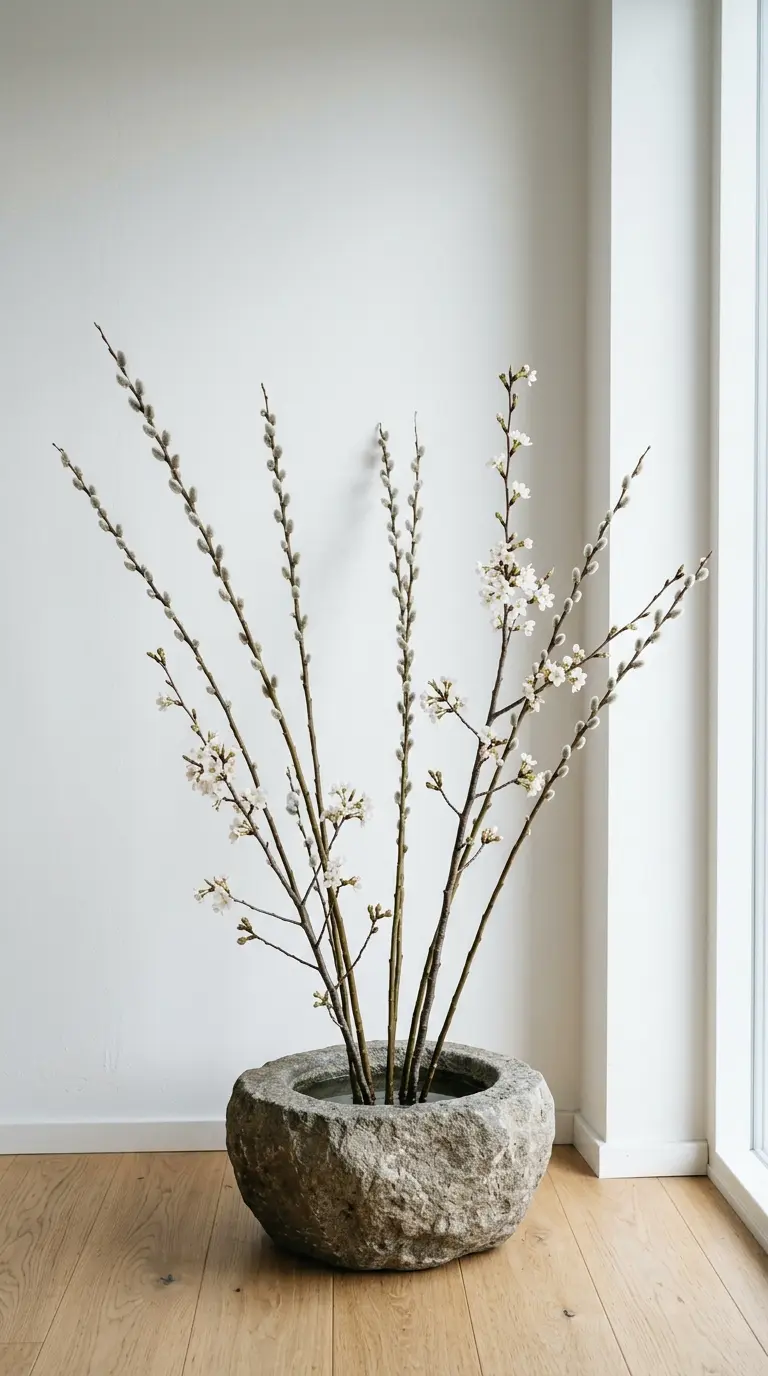 22 Classy Easter Decor Ideas That Feel Quietly Luxurious 9 Tall Budding Branch Arrangement in a Stone Vessel