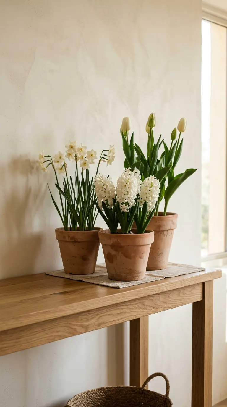 22 Classy Easter Decor Ideas That Feel Quietly Luxurious 12 Terracotta Pot Spring Bulb Display on Entry Console