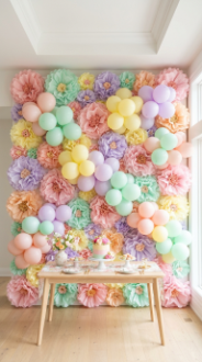 20 DIY Spring Party Decor Ideas Paper Flower Balloon Wall 1 1. Classic Pastel Paper Flower and Balloon Cluster Wall