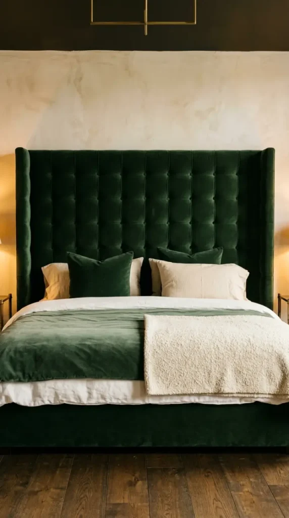 22 Earthy Cozy Bedroom - Dark Green Velvet Brass Luxury 1 1. Dark Green Velvet Upholstered Bed Frame as the Room Anchor