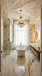 18 Incredible Luxury Bathroom Ideas White Marble Glamour 1 1. Floor-to-Ceiling Calacatta Gold Marble With Brushed Brass Fixtures