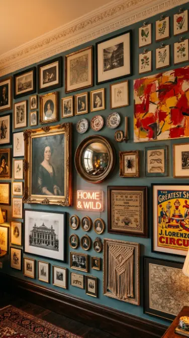 24 Eclectic Quirky Home Decor Ideas 1 1. Floor-to-Ceiling Maximalist Gallery Wall