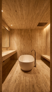 18 Incredible Luxury Bathroom Ideas Travertine Spa Style 1 1. Floor-to-Ceiling Unfilled Travertine With Brushed Bronze Fixtures