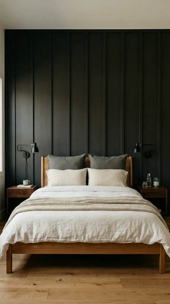 18 Modern Farmhouse Bedroom Ideas Dark Board and Batten 1 1. Full Feature Wall Dark Board and Batten Behind the Bed