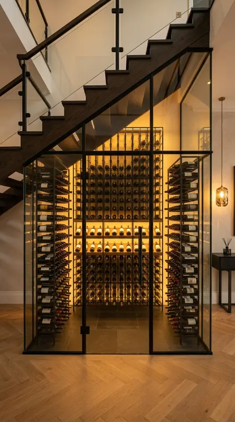 24 Luxury Staircase Storage Ideas Glass Wine Cellar Style 1 1. Full Glass Enclosed Under-Stair Wine Cellar
