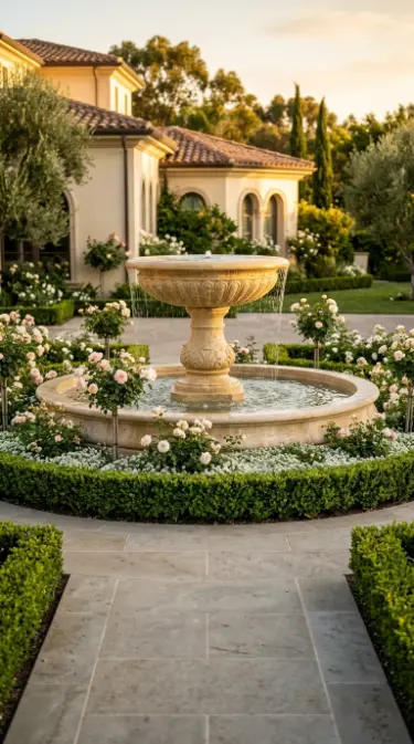 26 Front Yard Landscaping Ideas Luxury Water Feature Style 1 1. Grand Tiered Limestone Entry Fountain