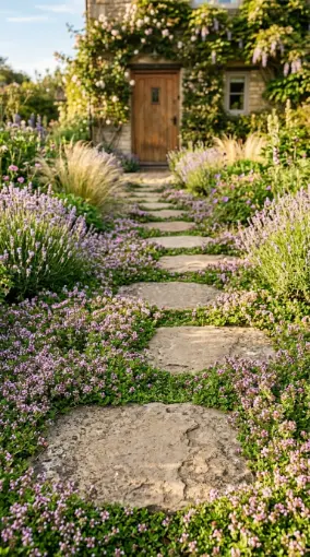 20 Simple Front Yard Landscaping Stepping Stone Path 1 1. Irregular Flagstone Path Through Creeping Thyme
