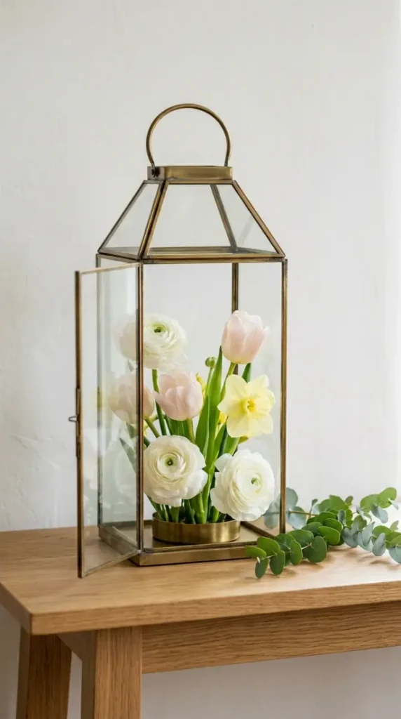 20 Spring Lantern Decor Ideas for Home and Garden 1 1. Lantern Filled With Fresh Spring Florals on a Console Table