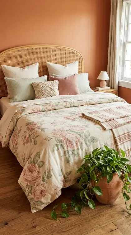 22 Vintage Floral Bedding Boho Rattan Bedroom Terracotta 1 1. Layer Vintage Floral Bedding as the Room's Centerpiece