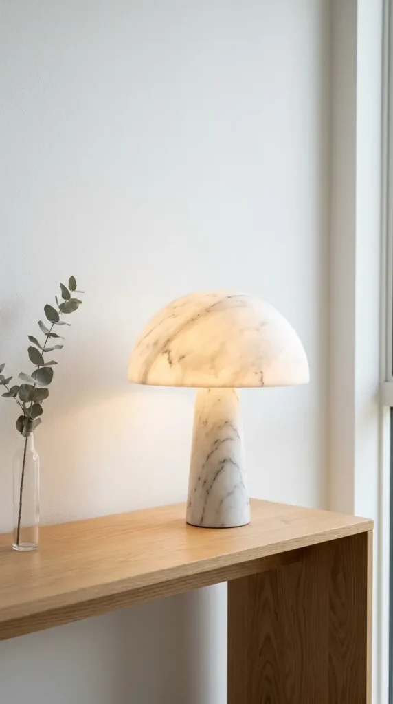18 Mushroom Lamp Decor Ideas for Every Home Aesthetic 1 1. Marble Mushroom Lamp on a Minimalist Console Table